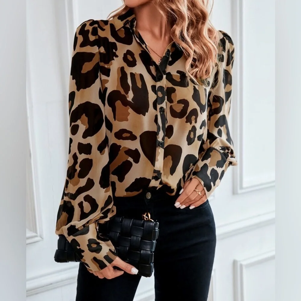 Leopard Print Sheer Button Down Shirt Top Blouse - Picture 3 of 6